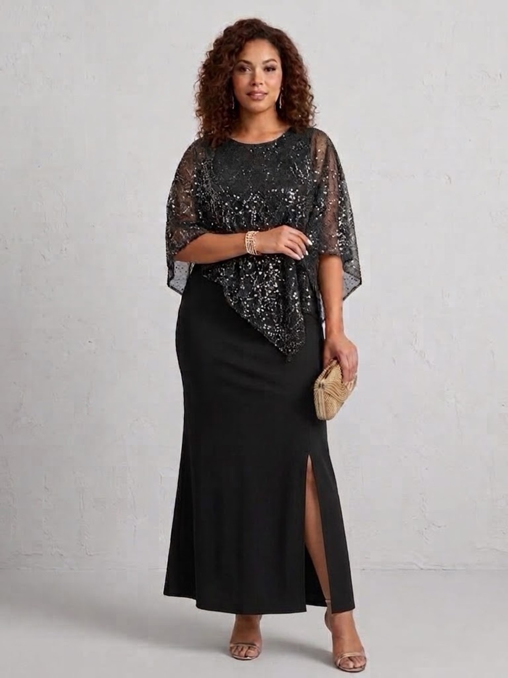 Pinup Fashion 16W Sequin Capelet Maxi Dress Black Evening Gown Mother of Bride⁠